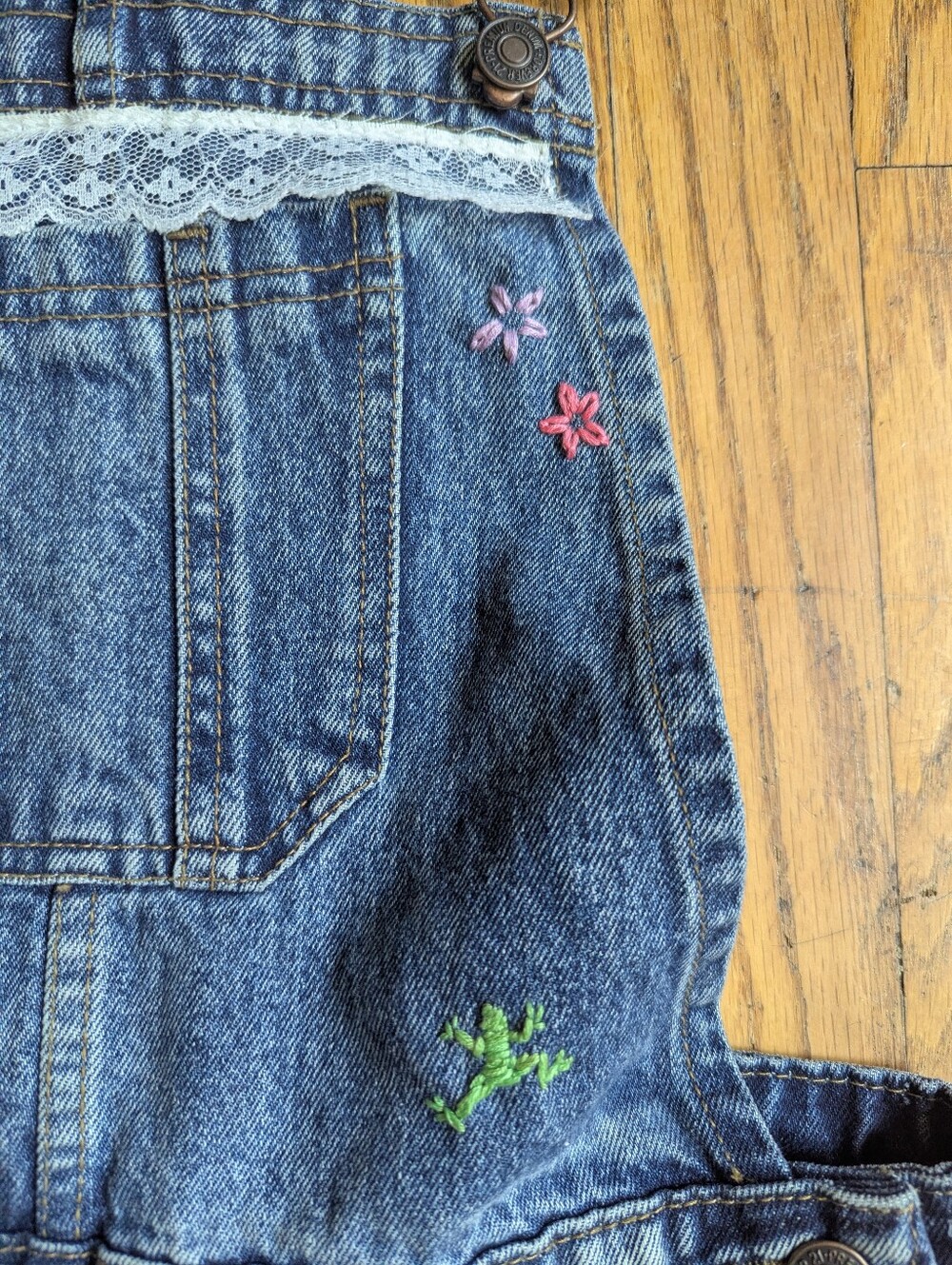 Hand Embroidered Reworked Distressed Denim Short Overalls - Blue - Picture 4 of 6